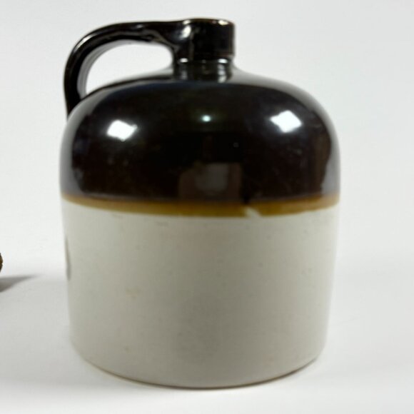 Vintage Stoneware Whiskey Jug Brown & Cream Glazed Pottery Crock w/ Cork Handle - Picture 10 of 13